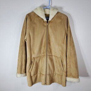 Relativity Womens  XL Tan Faux Suede Sherpa Lined Hooded Coat